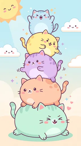 Stack of Five Pastel Kawaii Cats
