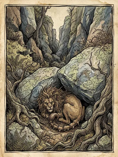 Folklore Illustration of Curled Manticore in Gorge