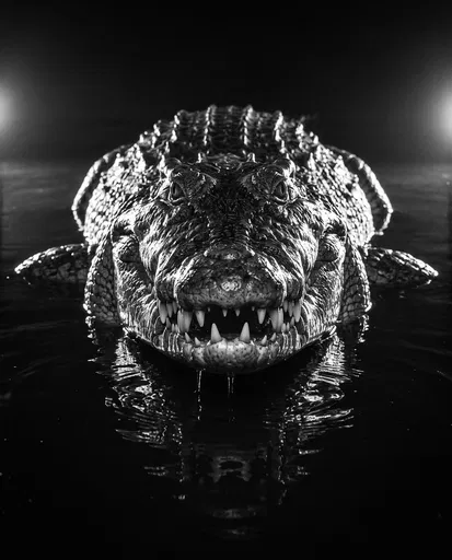 Monochrome Crocodile Emerging From Dark Water