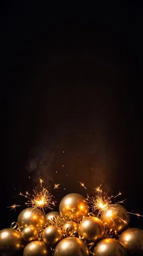 Gold Ornaments and Sparklers on Black Background
