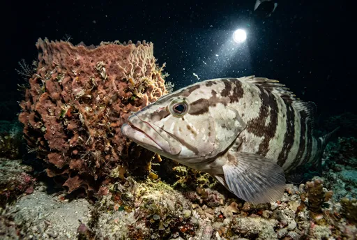 Nassau Grouper Beside Barrel Sponge at Night