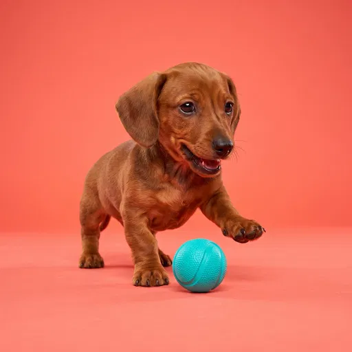Dachshund Puppy Playing With Turquoise Ball