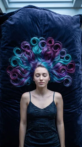 Woman With Colorful Curled Hair Lying Down