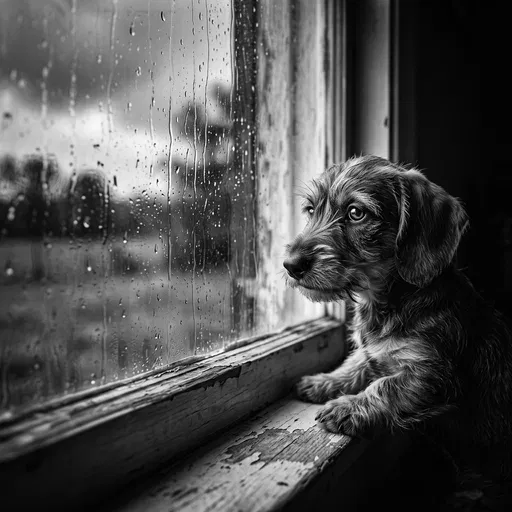 Wirehaired Dachshund Puppy at Rainy Window
