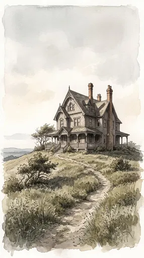 Watercolor Victorian House on Quiet Hilltop