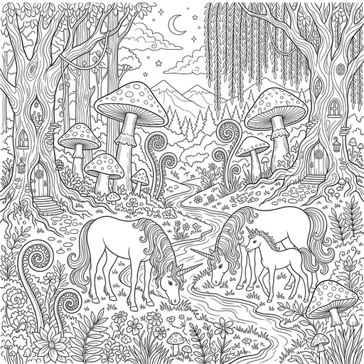 Unicorn Family Enchanted Forest Coloring Page