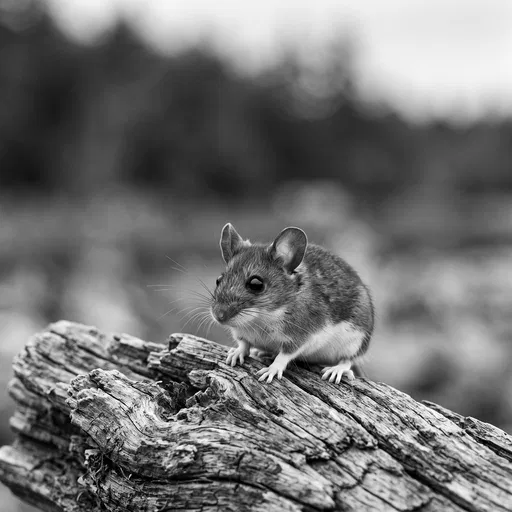 Monochrome Deer Mouse on Weathered Log