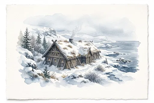 Watercolor Nordic Longhouse on Snowy Coast