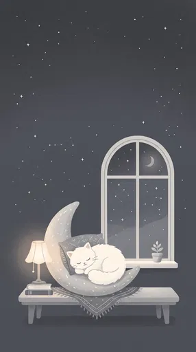 White Cat Sleeping on Crescent Cushion