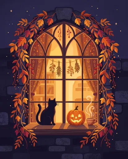 Cozy Autumn Window With Black Cat