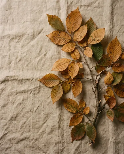 Autumn Elm Branch on Linen Background