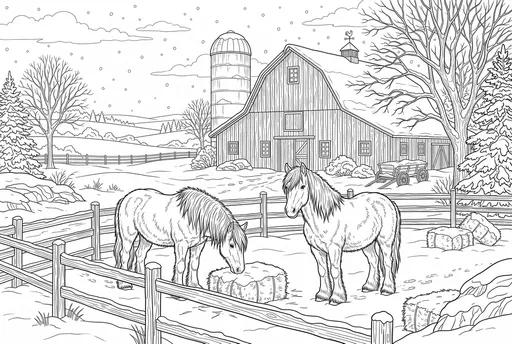 Winter Farm With Horses Coloring Page