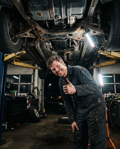 Smiling Mechanic Giving Thumbs Up Under Car