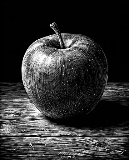 Monochrome Scratchboard Illustration of an Apple
