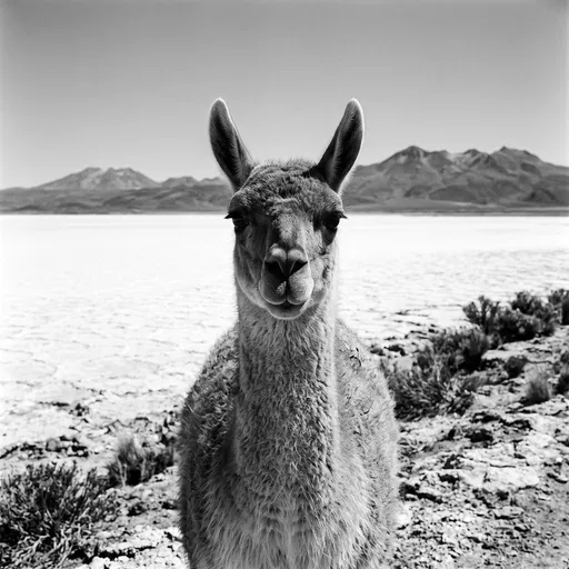 Monochrome Guanaco Portrait on Salt Flat
