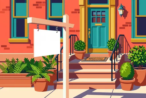 Colorful Vector Townhouse Stoop With Blank Sign