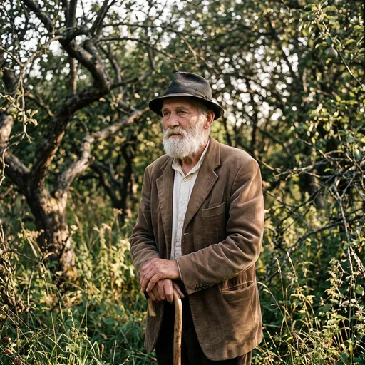 Elderly Man in Overgrown Orchard