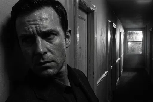 Sweating Man in Dark Hotel Corridor