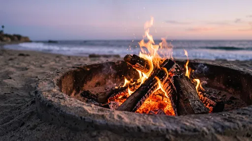 Beach Bonfire in Concrete Ring at Twilight