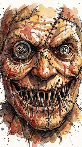 Sinister Stitched Scarecrow Watercolor Illustration