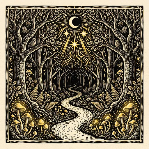 Mystical Night Forest Woodcut Illustration