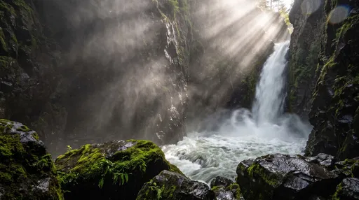 Sunlit Waterfall in Misty Mossy Canyon