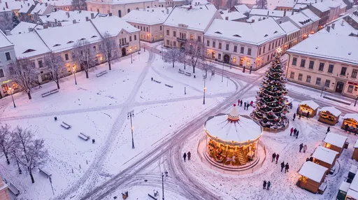 Aerial View of Snowy Christmas Town Square