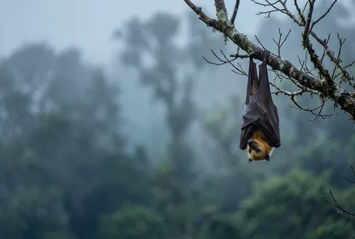 Flying Fox Hanging on Misty Branch