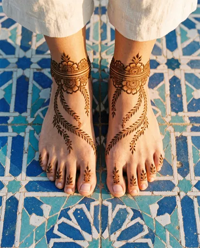 Feet with Floral Henna on Moroccan Tiles