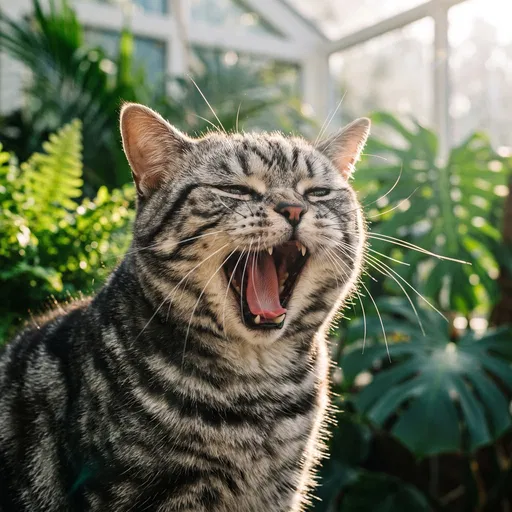 Silver Tabby Cat Yawning in Conservatory