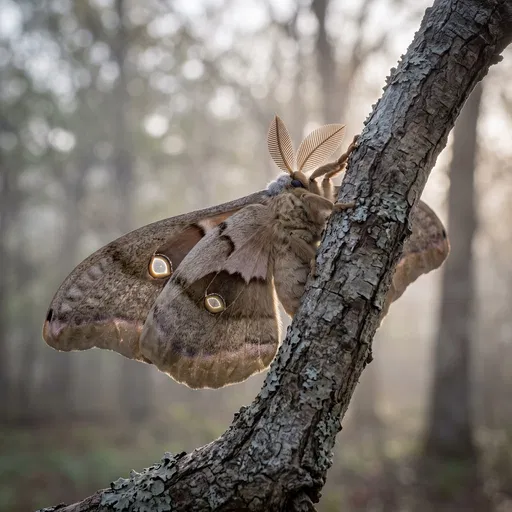 Polyphemus Moth on Branch at Dawn