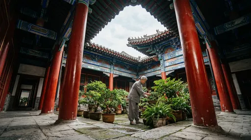 Woman Tending Plants in Traditional Chinese Courtyard