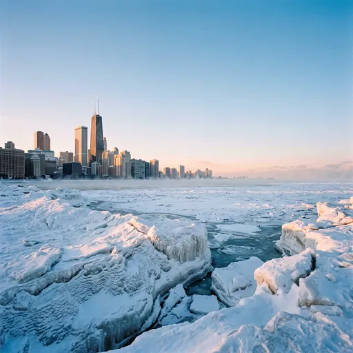 Frozen Lake Michigan and Chicago Skyline