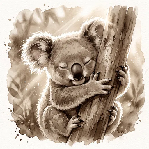 Sepia Watercolor Sleeping Baby Koala