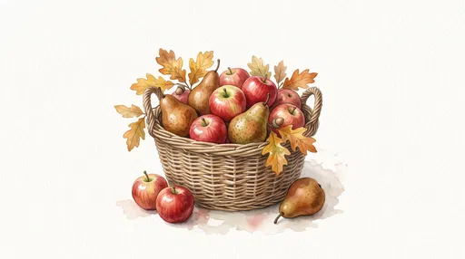 Watercolor Basket of Autumn Apples and Pears