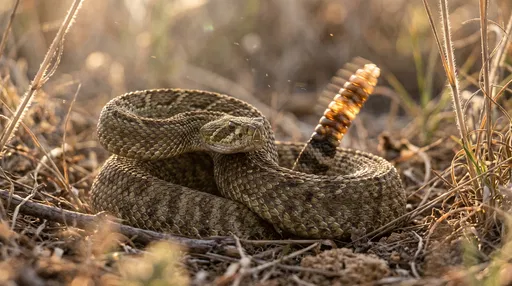 Coiled Rattlesnake in Backlit Golden Grass