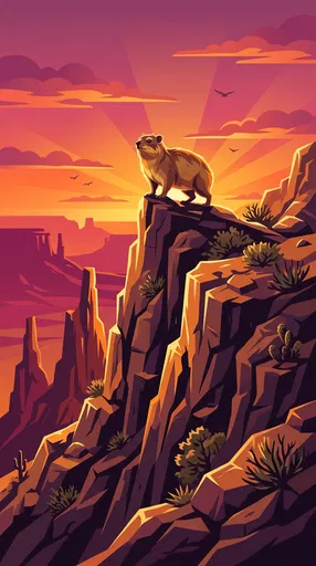Rock Hyrax On Sunset Desert Cliff