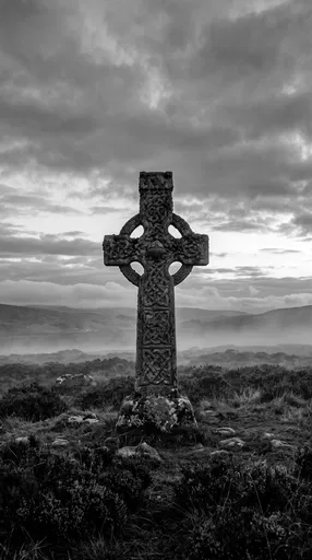 Ancient Stone Celtic Cross on Misty Moor