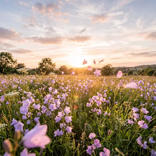 Sunlit Lilac Wildflower Meadow at Sunset
