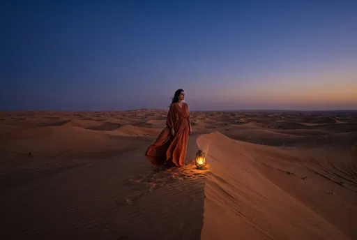 Woman With Lantern On Desert Dune