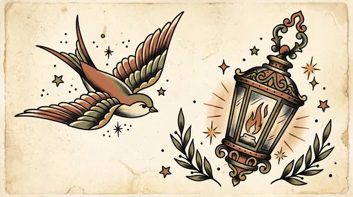 Traditional Tattoo Flash Swallow and Lantern