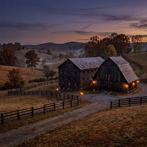 Wooden Barn and Rickhouse at Twilight