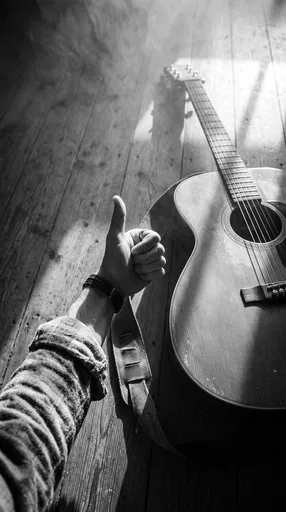 Monochrome Thumbs Up Beside Acoustic Guitar