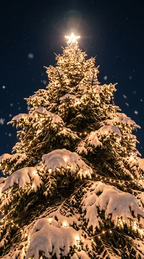 Illuminated Snowy Christmas Tree at Night