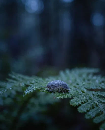 Woodlouse on Damp Fern at Twilight