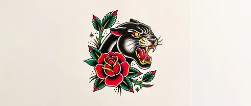 Traditional Tattoo Panther and Red Rose
