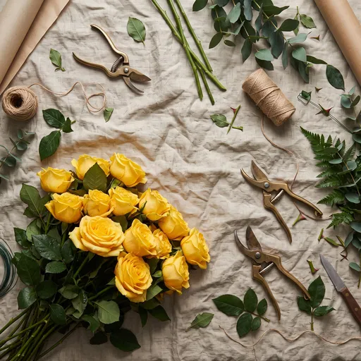 Yellow Roses on Florist Linen Workbench