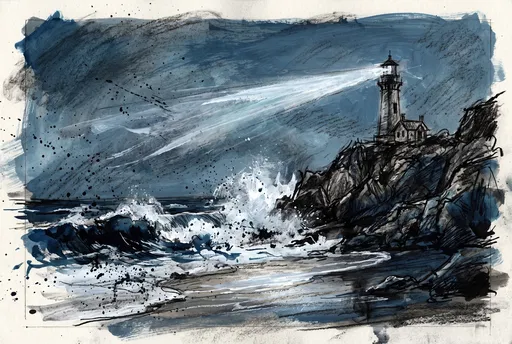 Charcoal and Blue Gouache Lighthouse Drawing