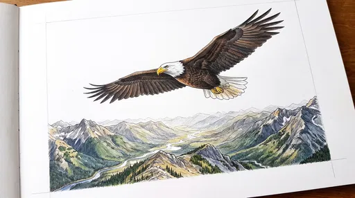 Bald Eagle Sketchbook Illustration Over Mountain Valley