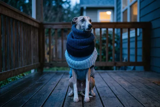 Whippet in Stacked Blue Turtlenecks on Porch